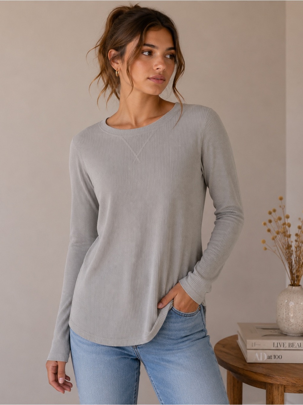 Abercrombie & Fitch Soft A&F Cozy Ribbed Long Sleeve Top Medium Gray
